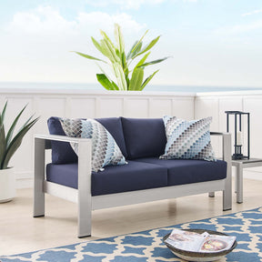 Shore Silver/Navy Sunbrella Fabric Aluminum Outdoor Patio Loveseat - Ornate Home