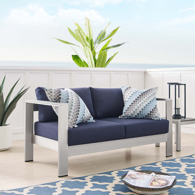 Shore Silver/Navy Sunbrella Fabric Aluminum Outdoor Patio Loveseat - Ornate Home
