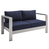 Shore Silver/Navy Sunbrella Fabric Aluminum Outdoor Patio Loveseat - Ornate Home