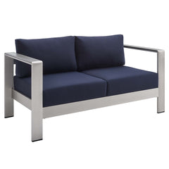 Shore Silver/Navy Sunbrella Fabric Aluminum Outdoor Patio Loveseat - Ornate Home