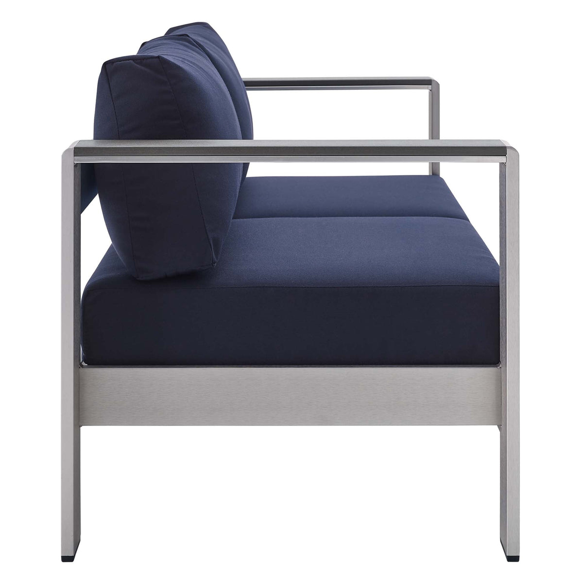 Shore Silver/Navy Sunbrella Fabric Aluminum Outdoor Patio Loveseat - Ornate Home