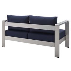 Shore Silver/Navy Sunbrella Fabric Aluminum Outdoor Patio Loveseat - Ornate Home