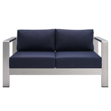 Shore Silver/Navy Sunbrella Fabric Aluminum Outdoor Patio Loveseat - Ornate Home