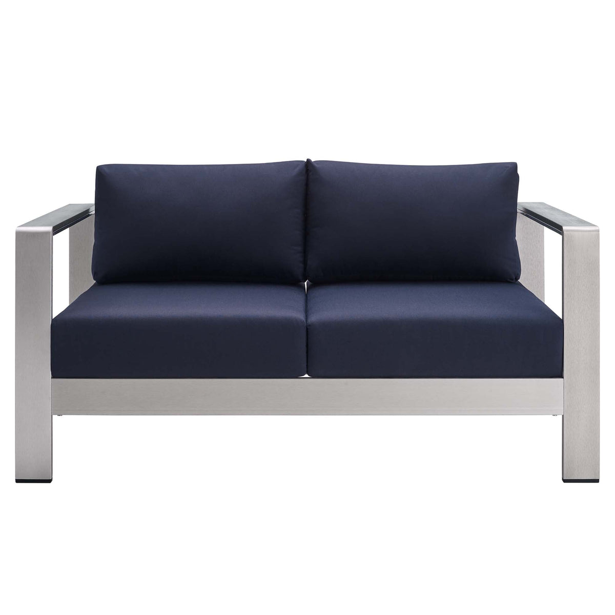 Shore Silver/Navy Sunbrella Fabric Aluminum Outdoor Patio Loveseat - Ornate Home