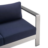 Shore Silver/Navy Sunbrella Fabric Aluminum Outdoor Patio Loveseat - Ornate Home