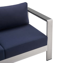 Shore Silver/Navy Sunbrella Fabric Aluminum Outdoor Patio Loveseat - Ornate Home