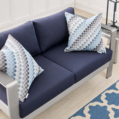 Shore Silver/Navy Sunbrella Fabric Aluminum Outdoor Patio Loveseat - Ornate Home
