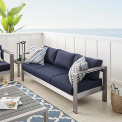 Shore Silver/Navy Sunbrella Fabric Aluminum Outdoor Patio Sofa - Ornate Home