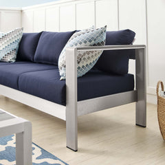 Shore Silver/Navy Sunbrella Fabric Aluminum Outdoor Patio Sofa - Ornate Home
