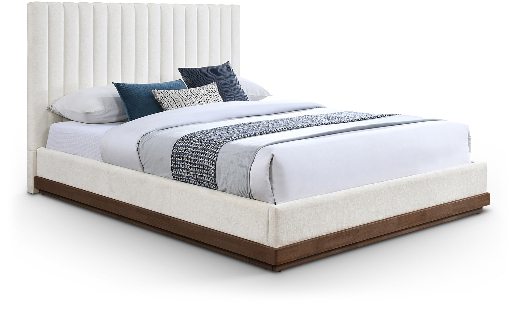 Shoreline Cream Fabric Upholstered Brown Walnut King Bed (3 Boxes) - Ornate Home