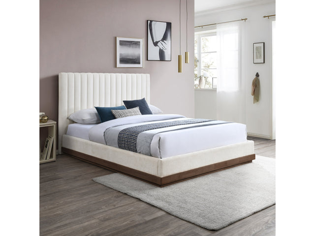 Shoreline Cream Fabric Upholstered Brown Walnut King Bed (3 Boxes) - Ornate Home