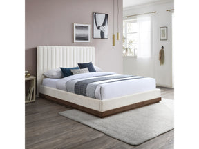 Shoreline Cream Fabric Upholstered Brown Walnut Queen Bed (3 Boxes) - Ornate Home