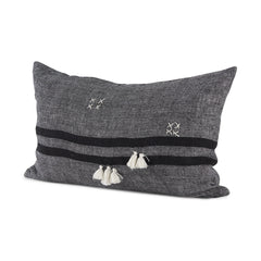 Sibyl Black/White 13x21 Fabric Striped and Fringed Pillow Cover with Down Filler (Set of 2) - Ornate Home
