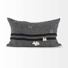 Sibyl Black/White 13x21 Fabric Striped and Fringed Pillow Cover with Down Filler (Set of 2) - Ornate Home