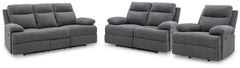 Side-Swipe Charcoal Reclining Sofa, Loveseat and Recliner - Ornate Home