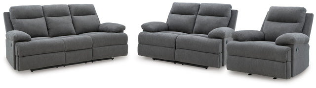 Side-Swipe Charcoal Reclining Sofa, Loveseat and Recliner - Ornate Home