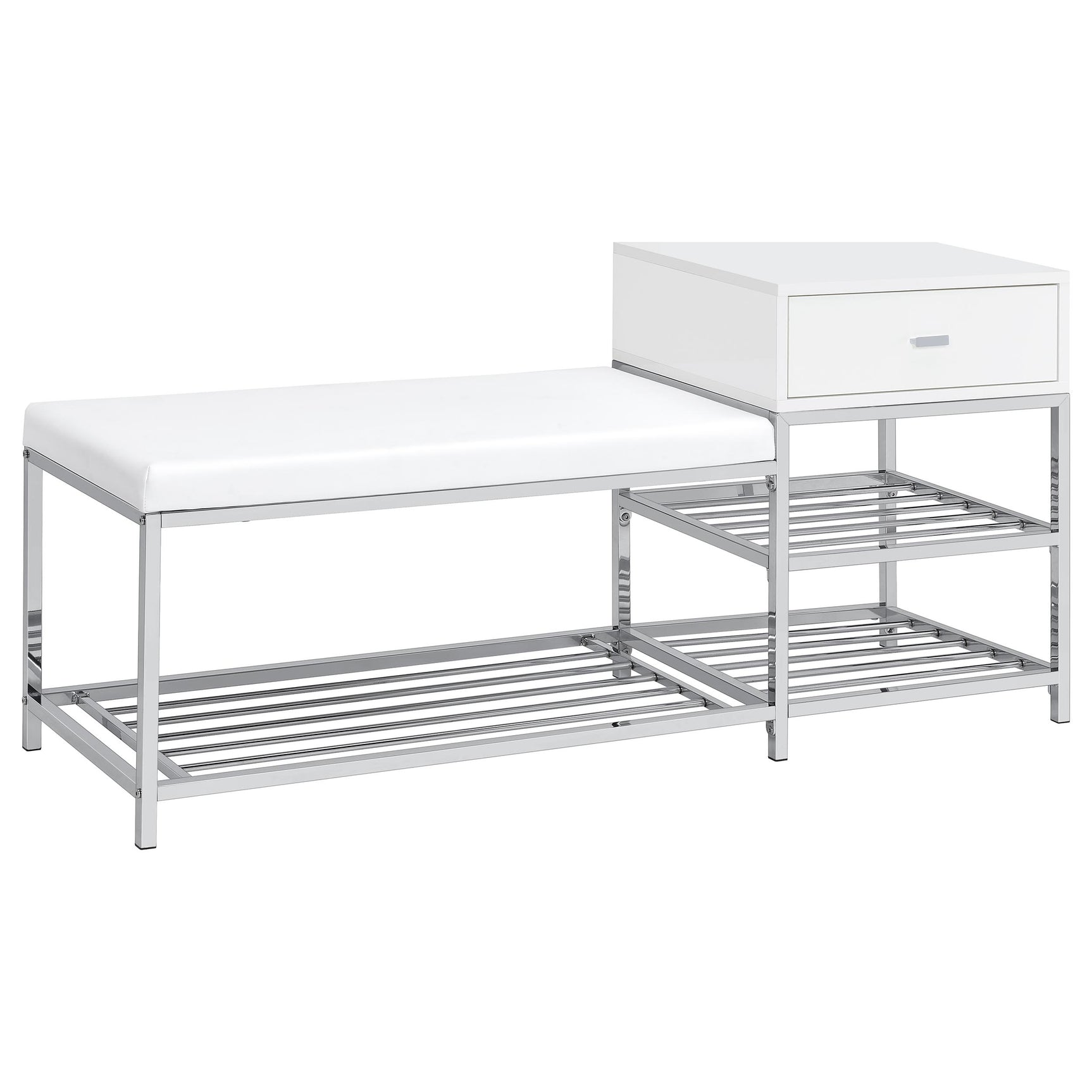 Siega White High Gloss/Chrome 1-Drawer Shoe Storage Entryway Bench - Ornate Home