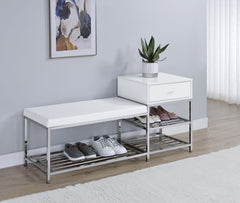 Siega White High Gloss/Chrome 1-Drawer Shoe Storage Entryway Bench - Ornate Home