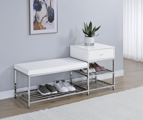 Siega White High Gloss/Chrome 1-Drawer Shoe Storage Entryway Bench - Ornate Home