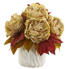 Silk Peony Artificial Arrangement in Marble Finished Vase - Ornate Home