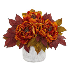 Silk Peony Artificial Arrangement in Marble Finished Vase - Ornate Home