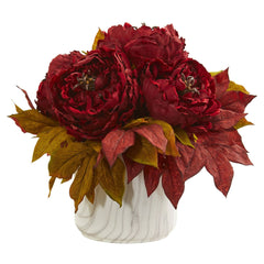 Silk Peony Artificial Arrangement in Marble Finished Vase - Ornate Home