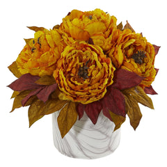 Silk Peony Artificial Arrangement in Marble Finished Vase - Ornate Home