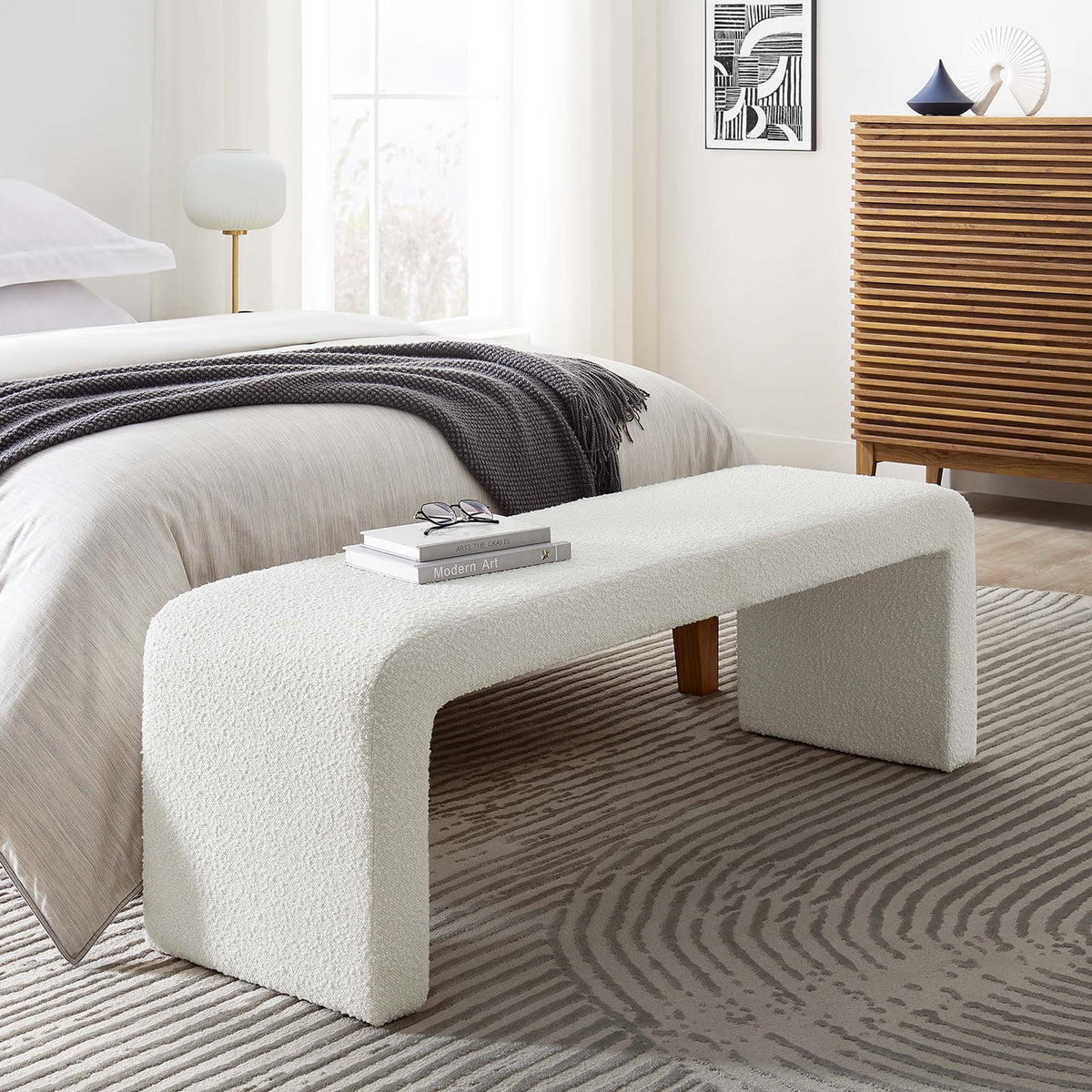 Simba Ivory Boucle Fabric Waterfall Long Bench - Ornate Home