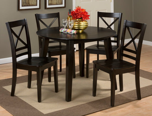 Simplicity Espresso Round Dropleaf Table w/ 4 X-Back Chairs - Ornate Home