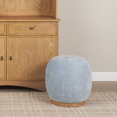 Siren French Blue/Brown Fabric Ash Wood Round Accent Stool - Ornate Home