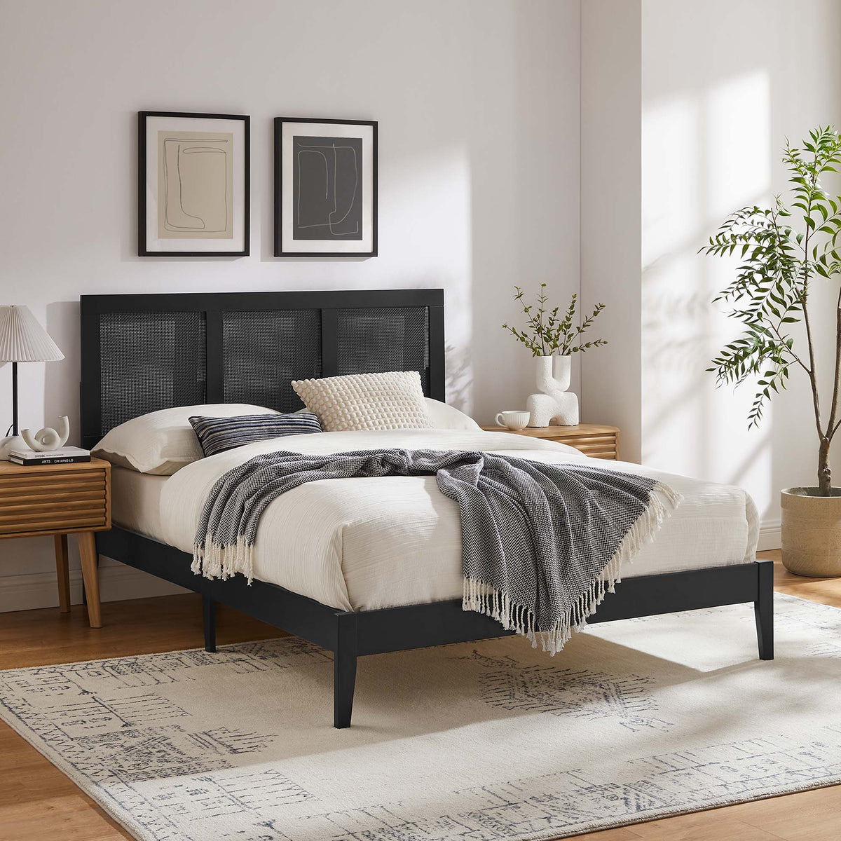 Sirocco Black Rattan and Wood Full Platform Bed - Ornate Home