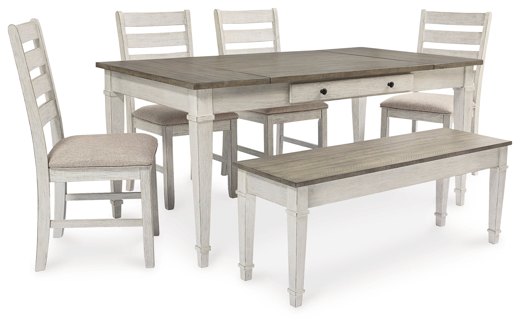 Skempton White/Light Brown Dining Table, 4 Chairs, and Bench (Online Special Price) - Ornate Home