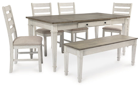 Skempton White/Light Brown Dining Table, 4 Chairs, and Bench - Ornate Home