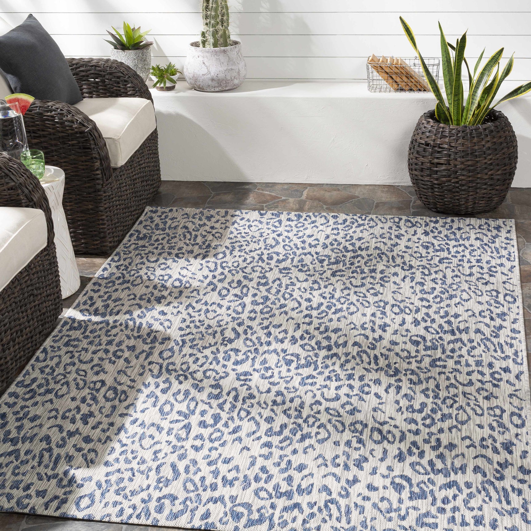 Skipsea Blue Leopard Performance Outdoor Rug - Ornate Home