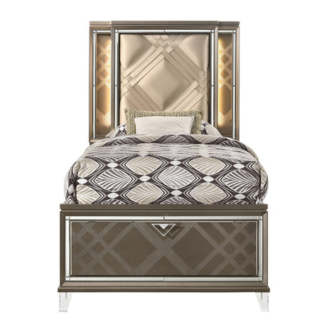 Skylar LED, PU & Dark Champagne Full Bed (Storage & LED) - Ornate Home