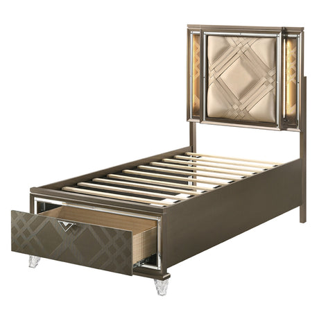 Skylar LED, PU & Dark Champagne Full Bed (Storage & LED) - Ornate Home