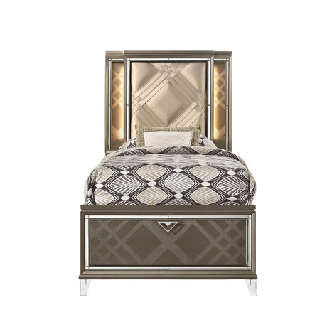 Skylar LED, PU & Dark Champagne Twin Bed (Storage & LED) - Ornate Home