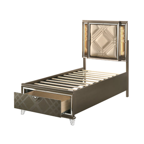 Skylar LED, PU & Dark Champagne Twin Bed (Storage & LED) - Ornate Home