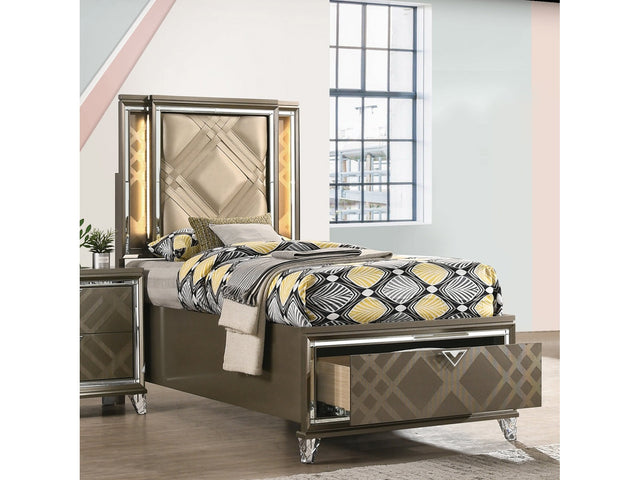 Skylar LED, PU & Dark Champagne Twin Bed (Storage & LED) - Ornate Home