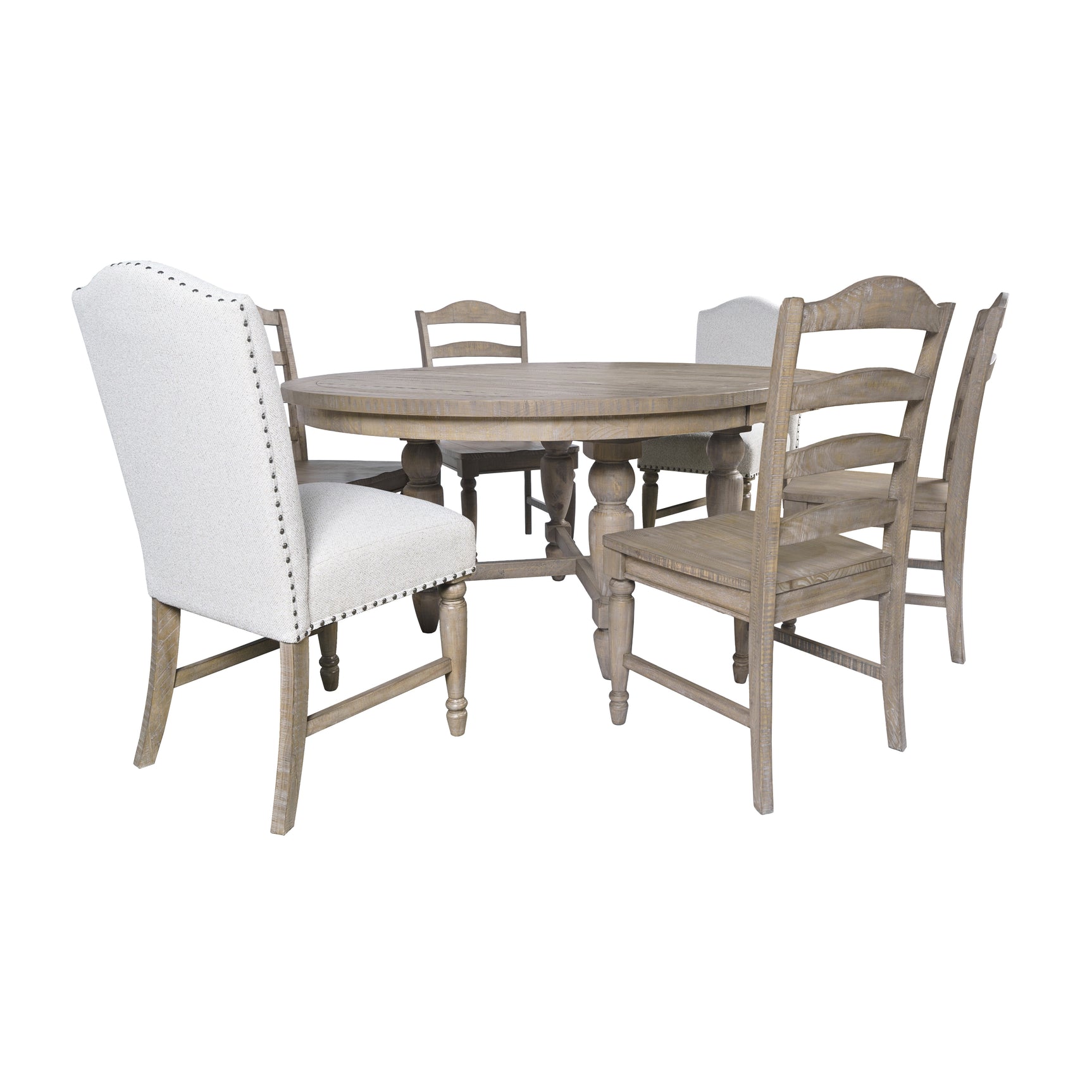 Slater Works Natural/Cream Round Dining Table w/ 4 Ladder Back Chairs, 2 Upholstered Chairs - Ornate Home