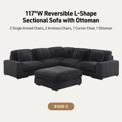 Sloane Charcoal 117"W Corduroy Reversible Modular L-Shape Sectional Sofa with Ottoman - Ornate Home