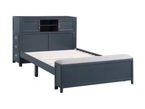 Sloane Navy Blue Full Bookcase Bed with Hidden Desk, Stool and Storage Bench - Ornate Home