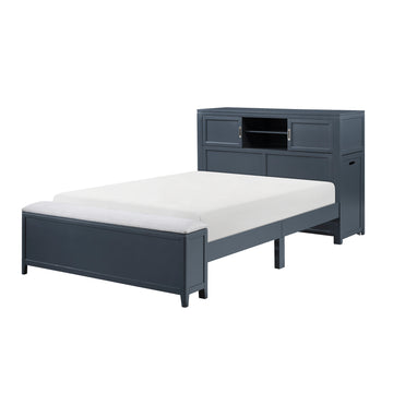 Sloane Navy Blue Full Bookcase Bed with Hidden Desk, Stool and Storage Bench - Ornate Home