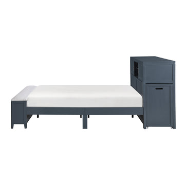 Sloane Navy Blue Full Bookcase Bed with Hidden Desk, Stool and Storage Bench - Ornate Home