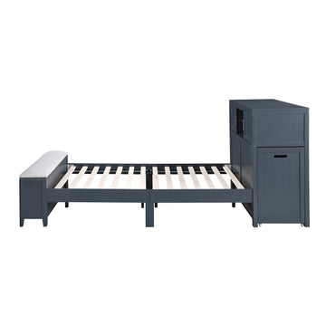 Sloane Navy Blue Full Bookcase Bed with Hidden Desk, Stool and Storage Bench - Ornate Home