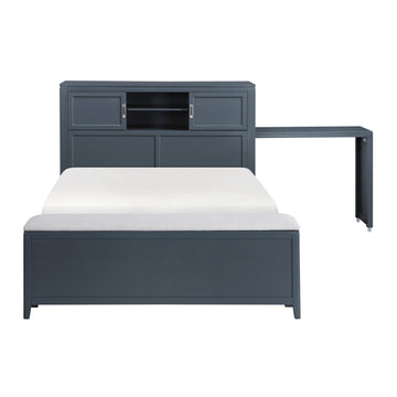 Sloane Navy Blue Full Bookcase Bed with Hidden Desk, Stool and Storage Bench - Ornate Home