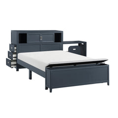 Sloane Navy Blue Full Bookcase Bed with Hidden Desk, Stool and Storage Bench - Ornate Home