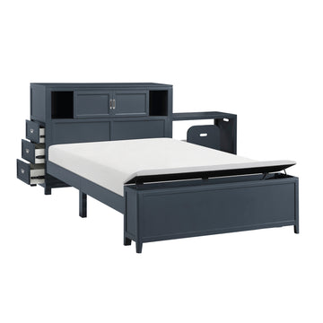 Sloane Navy Blue Full Bookcase Bed with Hidden Desk, Stool and Storage Bench - Ornate Home