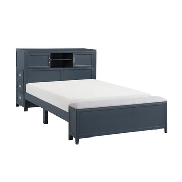 Sloane Navy Blue Full Bookcase Bed with Hidden Desk, Stool and Storage Bench - Ornate Home