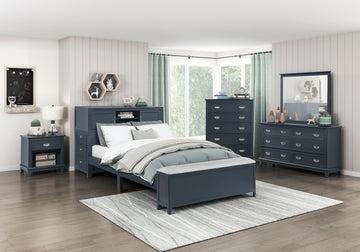 Sloane Navy Blue Full Bookcase Bed with Hidden Desk, Stool and Storage Bench - Ornate Home